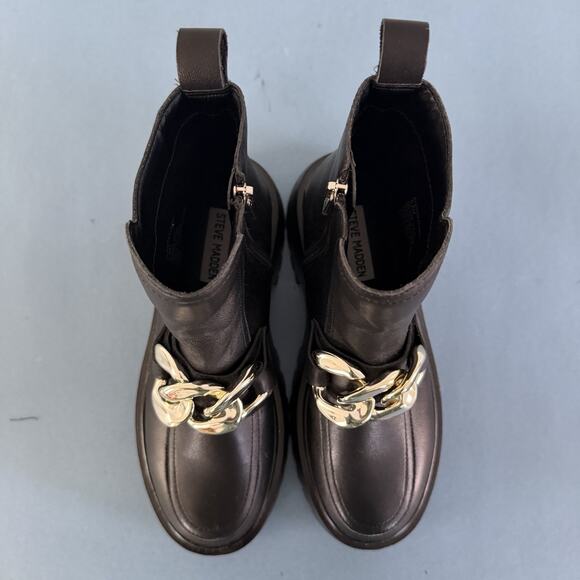 Steve Madden Cleo Black Leather Chunky Lug Sole Curb Chain Ankle Boots - Picture 8 of 10